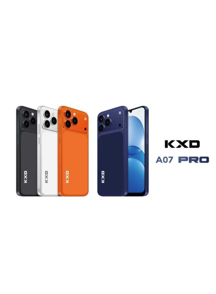 KXD The A07 Pro smartphone features a 6.52-inch HD+ display, 4GB of RAM (expandable up to 8GB via direct link), 128GB of internal storage, dual SIM capability with 4G LTE technology, a 4500mAh battery, and comes with a one-year warranty from Orange. - Image 2